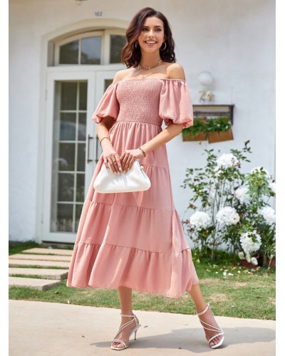 Women Midi Dress Pink Bateau Neck Pleated Beach Dress Bodycon Spring Summer