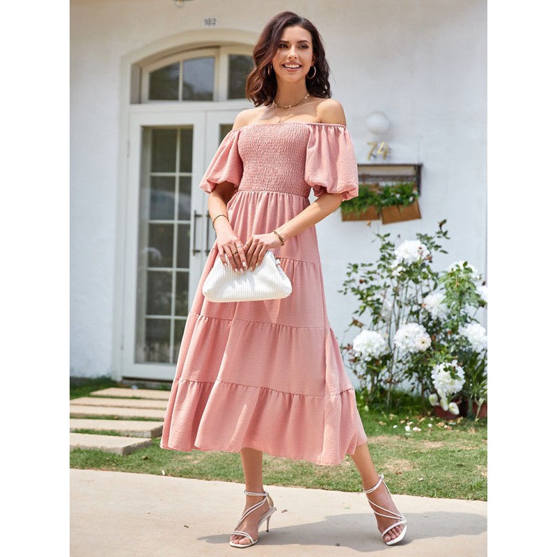 Women Midi Dress Pink Bateau Neck Pleated Beach Dress Bodycon Spring Summer