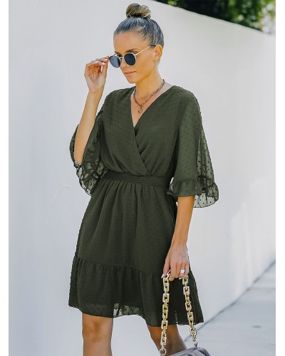 Summer Mini Dresses Hunter Green V-Neck Pleated Chiffon Beach Dress Bodycon Street Wear Daily Casual