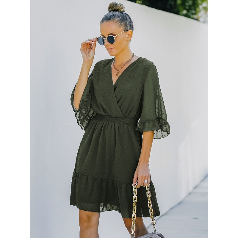 Summer Mini Dresses Hunter Green V-Neck Pleated Chiffon Beach Dress Bodycon Street Wear Daily Casual