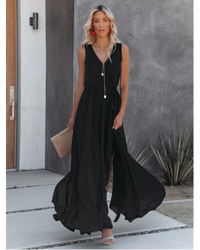 Women V-Neck Maxi Dress Sleeveless Long Dress Bohemian Summer