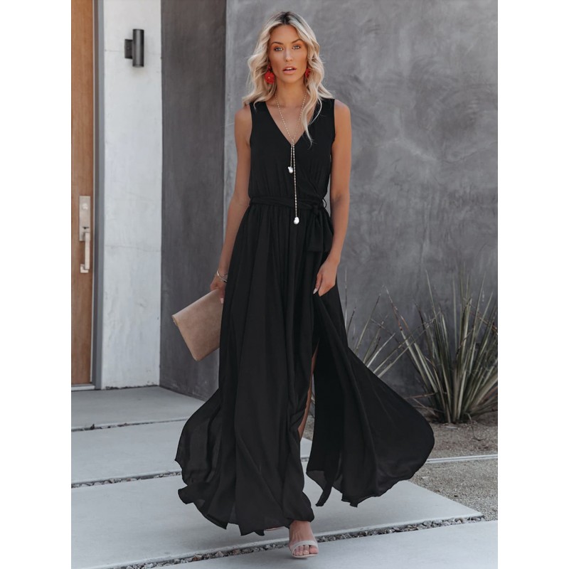 Women V-Neck Maxi Dress Sleeveless Long Dress Bohemian Summer