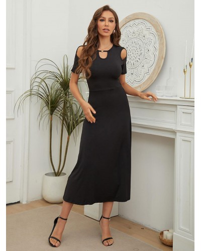 Women Cut Out Stretch Casual U-Neck Short Sleeves Midi Dress Chic  Modern Summer