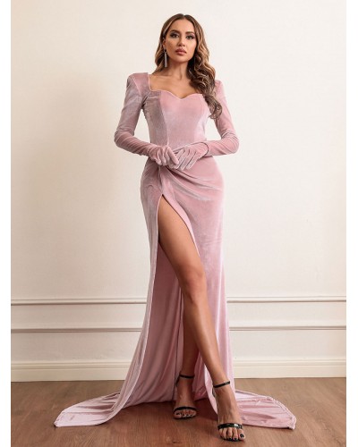 Birthday Maxi Dress V-Neck Long Sleeves High-slit Floor Length Dress Sexy Street Wear Night Out Field