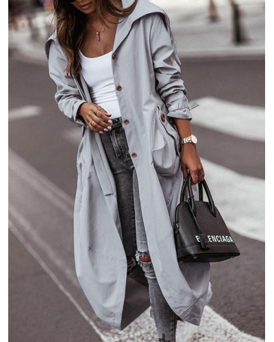 Women Trench Coat Light Gray Button Oversized Relaxed Fit Spring Fall Chic Street Midi Outerwear Casual Street Wear Field