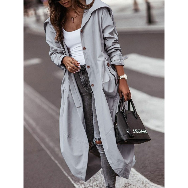 Women Trench Coat Light Gray Button Oversized Relaxed Fit Spring Fall Chic Street Midi Outerwear Casual Street Wear Field