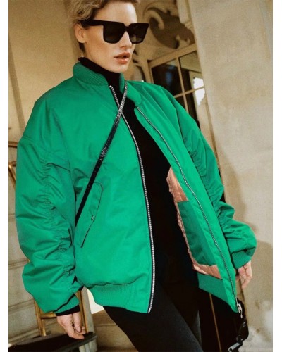 Women Jacket Stand Collar Pockets Zipper Solid Color Outerwear Bomber Fall Winter