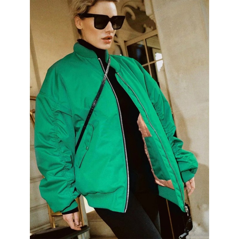 Women Jacket Stand Collar Pockets Zipper Solid Color Outerwear Bomber Fall Winter