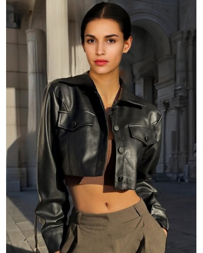 Women Crop Top Jacket PU Leather Flap Sleeves Moto Spring Fall Street Wear Daily Casual