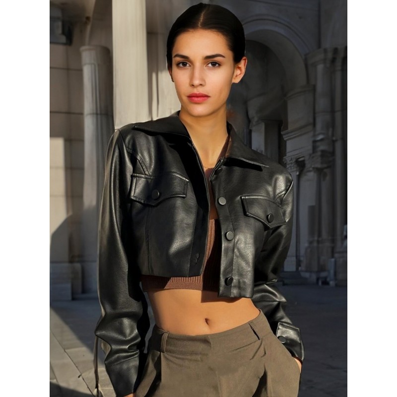 Women Crop Top Jacket PU Leather Flap Sleeves Moto Spring Fall Street Wear Daily Casual