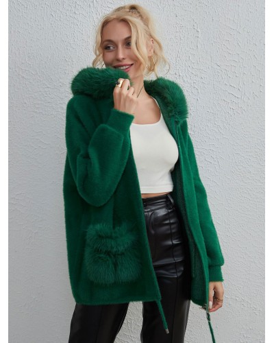 Women Faux Fur Jacket Hooded Zipper Long Sleeves Oversized Fall Outerwear Chic  Modern Casual Street Wear Daily Casual Field