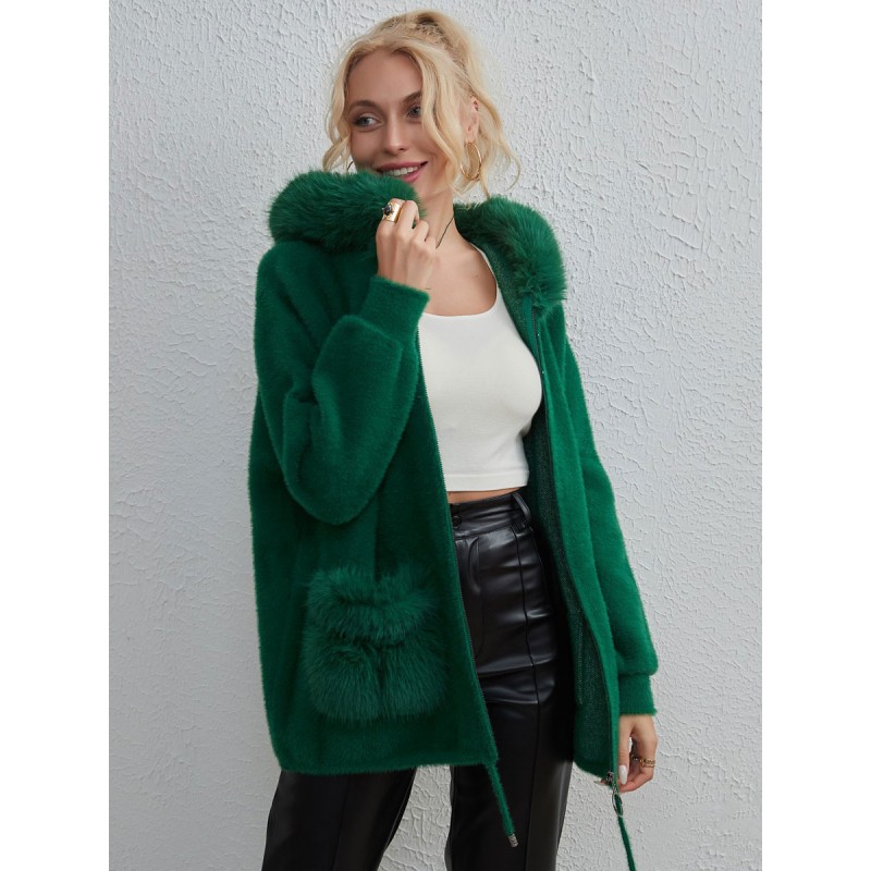 Women Faux Fur Jacket Hooded Zipper Long Sleeves Oversized Fall Outerwear Chic  Modern Casual Street Wear Daily Casual Field