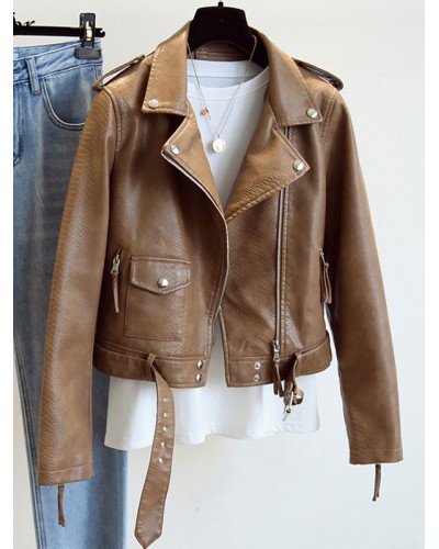 Women PU Leather Jacket Turndown Collar Spring Outerwear Moto Fall Street Wear