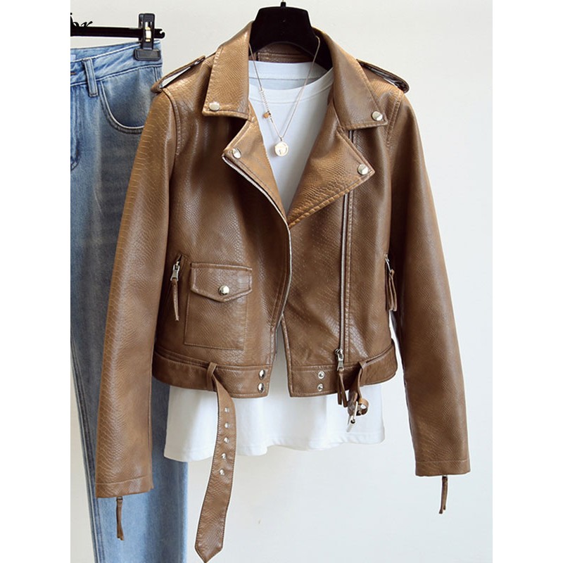 Women PU Leather Jacket Turndown Collar Spring Outerwear Moto Fall Street Wear