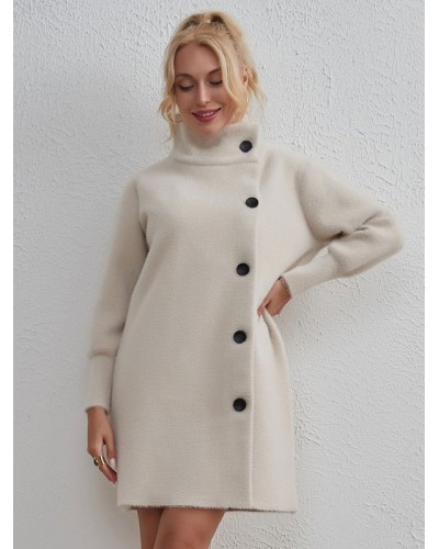 Women Coat High Collar Long Sleeve Buttons Outwear Chic  Modern Casual