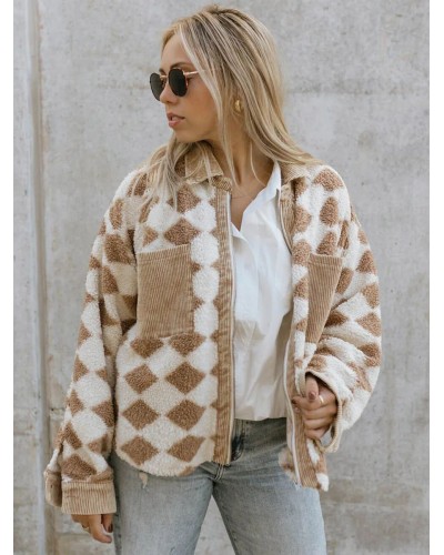 Women 's Jackets Turndown Collar Plaid Zipper Pockets Daily Khaki Jacket Casual Street Wear Daily Casual