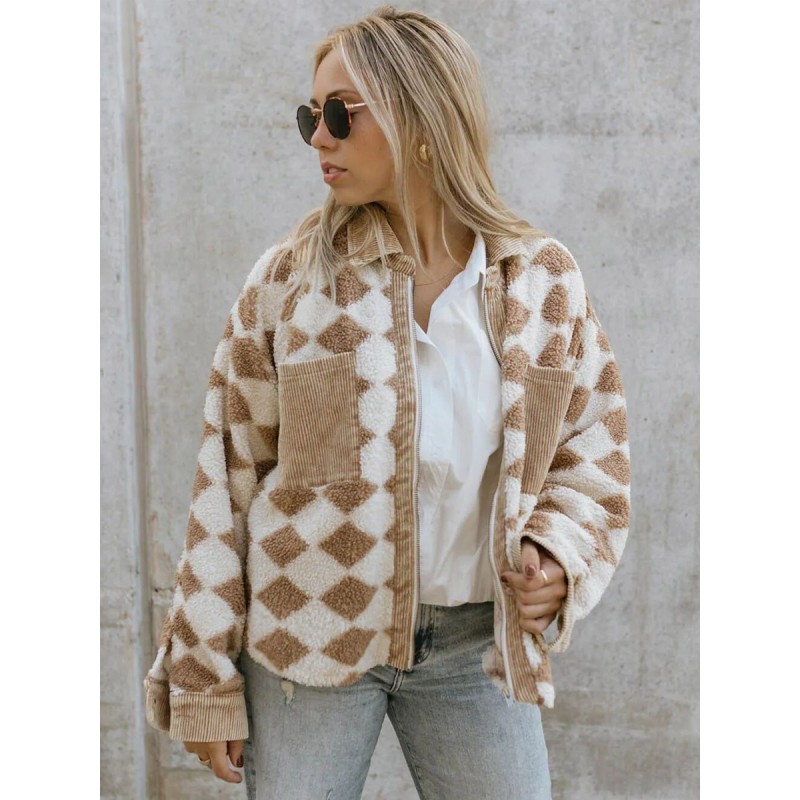 Women 's Jackets Turndown Collar Plaid Zipper Pockets Daily Khaki Jacket Casual Street Wear Daily Casual