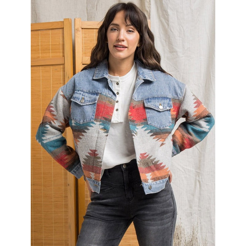 Women Jacket Turndown Collar Buttons Geometric Denim Denim Jacket Fall Winter Street Wear Daily Casual