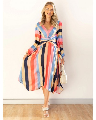 Women Birthday Dress V-Neck Long Sleeves Stripes Layered Floor Length Dress Maxi Spring Fall