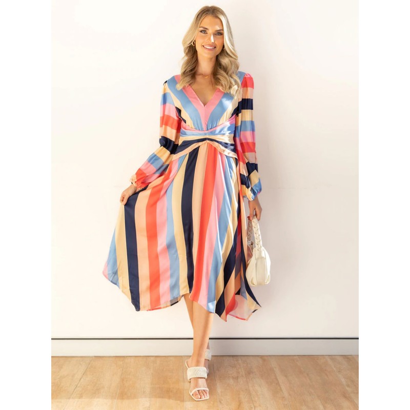 Women Birthday Dress V-Neck Long Sleeves Stripes Layered Floor Length Dress Maxi Spring Fall