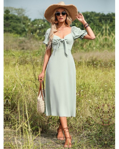 Dress Sweetheart Neck Pleated Knotted Pastel Green Medium Beach Dress Summer Street Wear Daily Casual Resort Wear