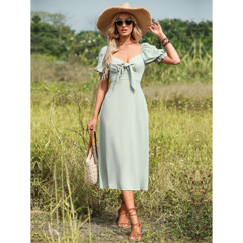 Dress Sweetheart Neck Pleated Knotted Pastel Green Medium Beach Dress Summer Street Wear Daily Casual Resort Wear