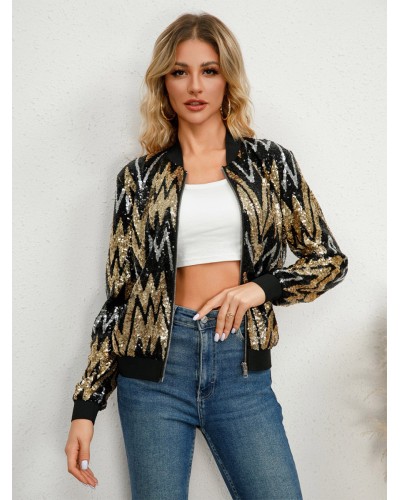 Women Jacket Jewel Neck Color Block Sequined Casual Street Wear Daily Casual