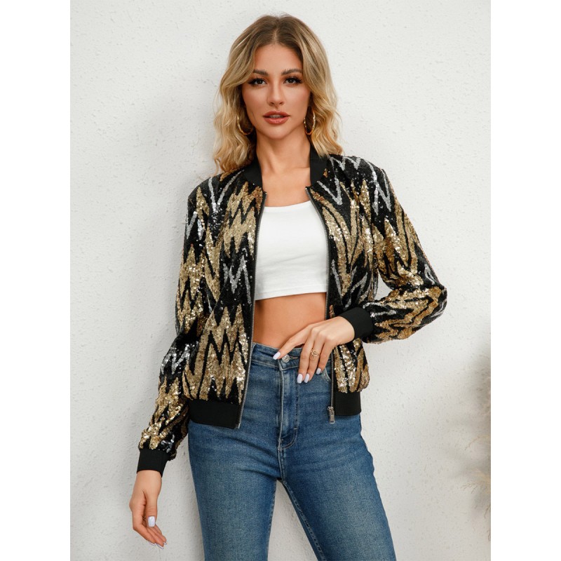 Women Jacket Jewel Neck Color Block Sequined Casual Street Wear Daily Casual