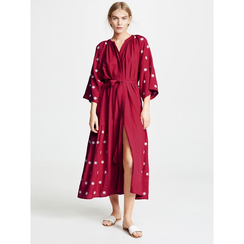 Boho Dress Burgundy V-Neck 3/4 Length Sleeves Embroidered Bohemian Gypsy Belted Vacation Spring Summer Midi Dress For Women Beach Resort Wear