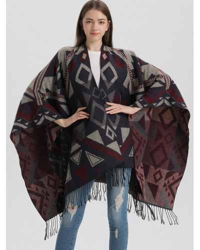 Women Cape Geometric With Fringe Oversized Poncho Poncho  Cape Fall Winter