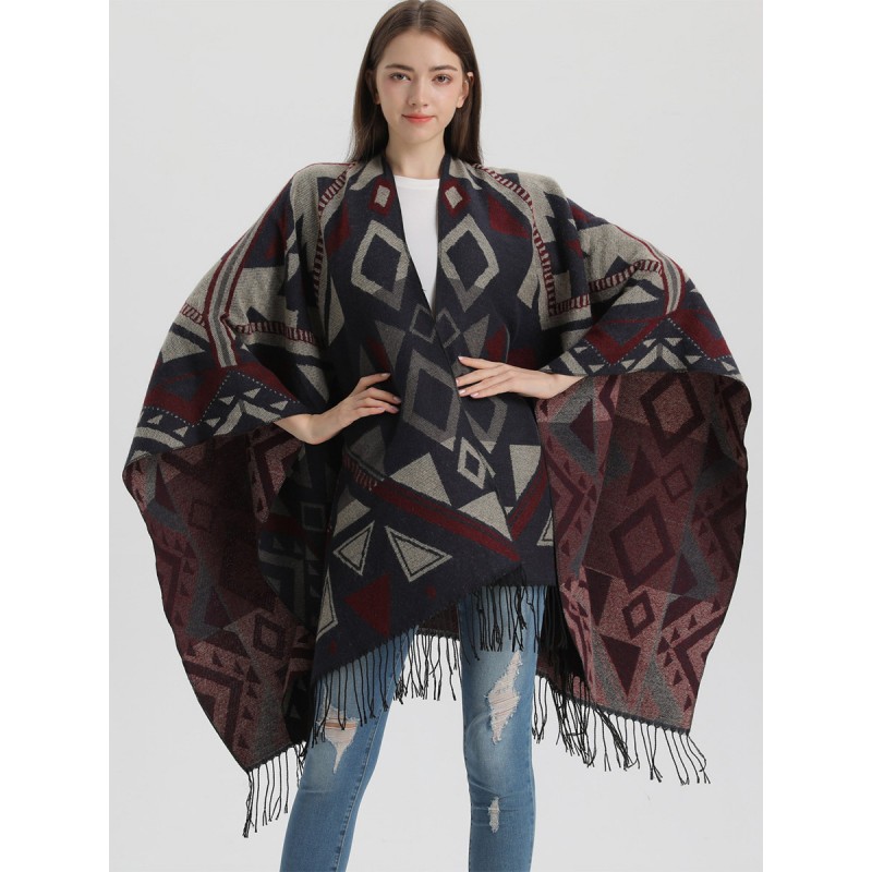 Women Cape Geometric With Fringe Oversized Poncho Poncho  Cape Fall Winter