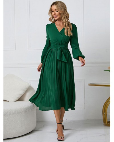 Women Skater Dresses V-Neck Green Sexy Long Sleeves Fit And Flare Dress Classic  Traditional Spring Fall Winter