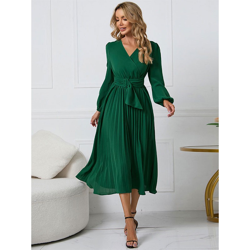 Women Skater Dresses V-Neck Green Sexy Long Sleeves Fit And Flare Dress Classic  Traditional Spring Fall Winter