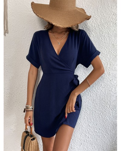 Women Mini Dresses Dark Navy Short Sleeves Lace Up Short Dress Casual Summer