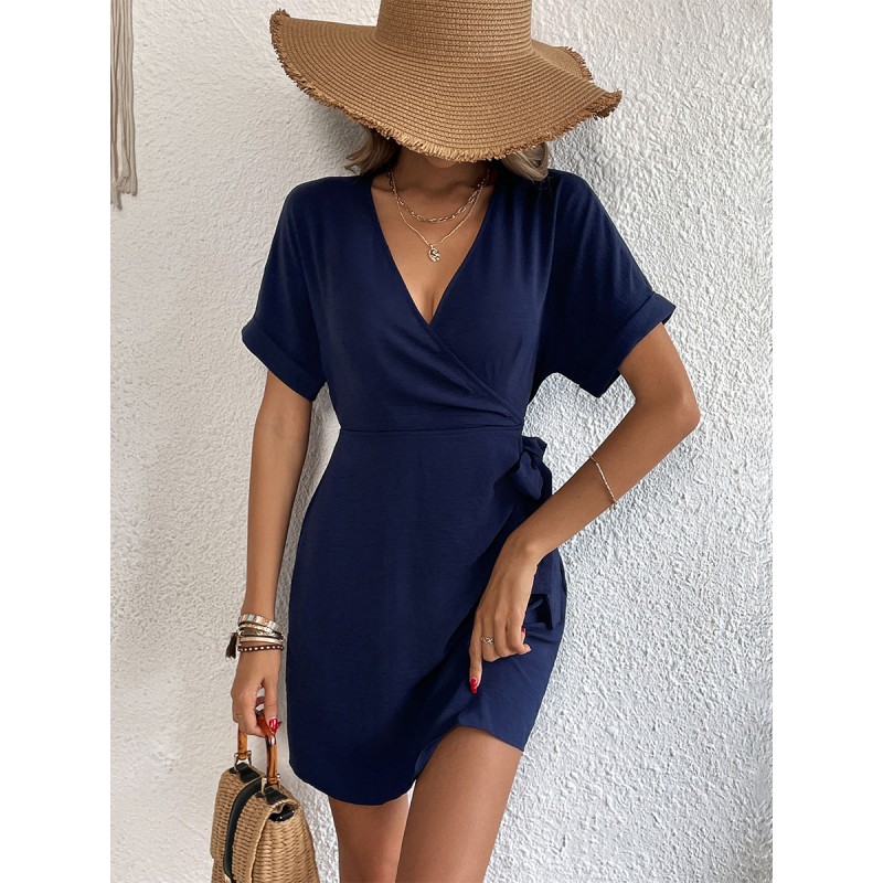 Women Mini Dresses Dark Navy Short Sleeves Lace Up Short Dress Casual Summer