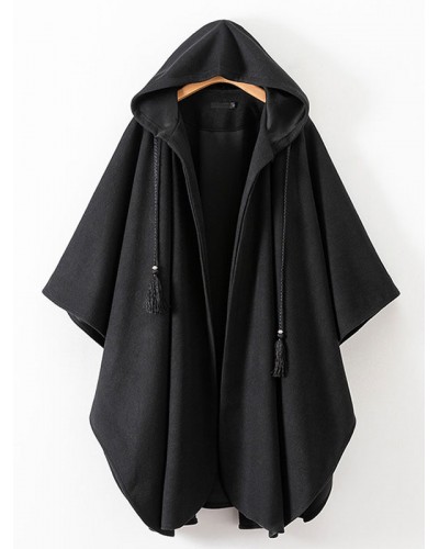 Women Poncho Hooded Black Poncho Oversized Tassels Cape Poncho  Cape Fall