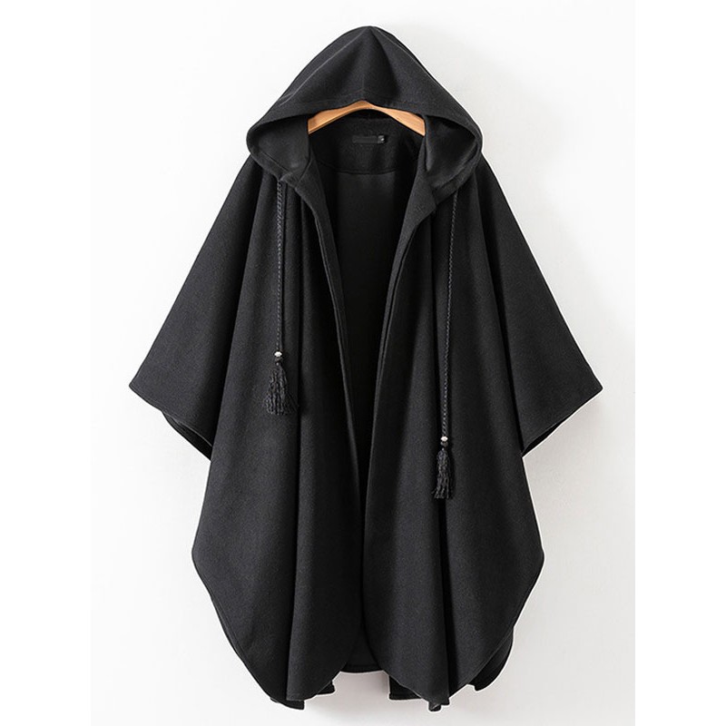 Women Poncho Hooded Black Poncho Oversized Tassels Cape Poncho  Cape Fall