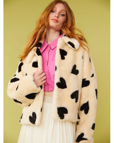 Faux Fur Coats Long Sleeves Casual Two-Tone Turndown Collar Apricot Coat Faux Fur Coat Fall Winter