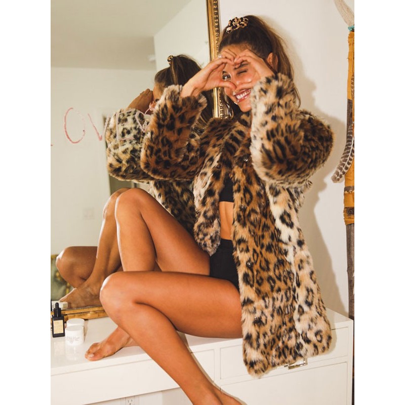 Faux Fur Coat Leopard Print Winter Outerwear For Women 2023 Casual