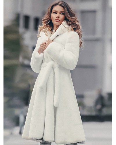 Women Hooded Faux Fur Coat Belted Outerwear 2023 Classic  Traditional Casual Fall Winter Street Wear Field Dating