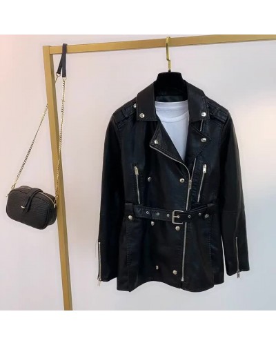 Women Faux Leather Moto Jacket Black PU Zipper Turndown Collar Long Sleeve Style Spring Fall Biker Outerwear For Casual Boyfriend Street Wear Field Dating