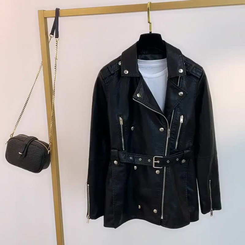 Women Faux Leather Moto Jacket Black PU Zipper Turndown Collar Long Sleeve Style Spring Fall Biker Outerwear For Casual Boyfriend Street Wear Field Dating