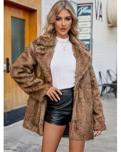 Faux Fur Coats Coffee Brown No Waistline Long Sleeves Front Button Winter Coat Faux Fur Jacket