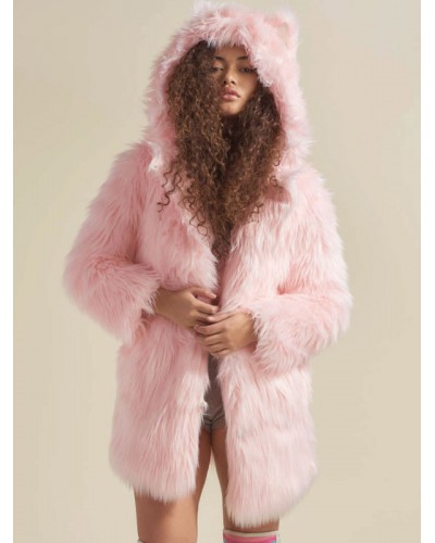 Faux Fur Coats Pink No Waistline Long Sleeves Oversized Coat Faux Fur Coat Fall Winter