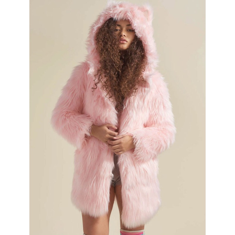 Faux Fur Coats Pink No Waistline Long Sleeves Oversized Coat Faux Fur Coat Fall Winter