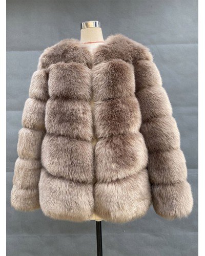 Faux Fur Coats Long Sleeves Casual Jewel Neck Camel Winter Coat Faux Fur Jacket