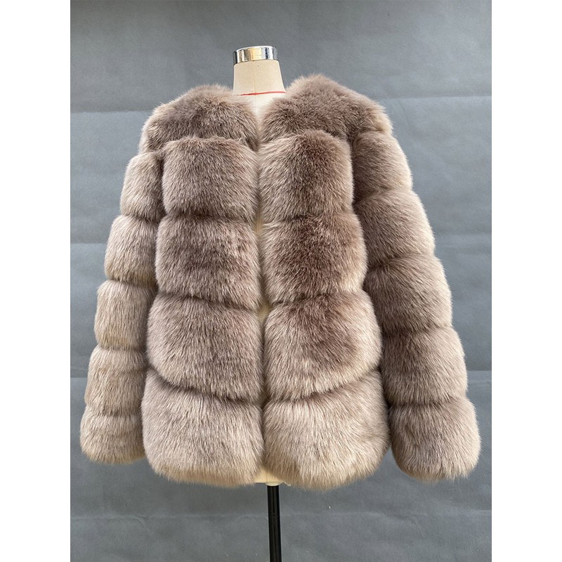 Faux Fur Coats Long Sleeves Casual Jewel Neck Camel Winter Coat Faux Fur Jacket