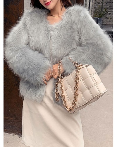 Faux Fur Coats For Women Long Sleeves V-Neck Outerwear Casual