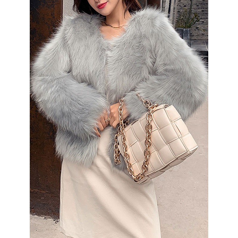 Faux Fur Coats For Women Long Sleeves V-Neck Outerwear Casual