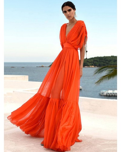 Women Dress Orange Red V-Neck Short Sleeves Backless Long Dress Maxi Beach Resort Wear